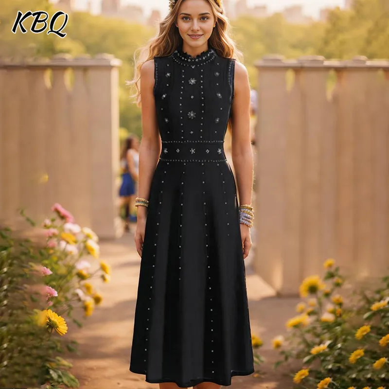 

KBQ Elegant Temperament Dresses For Owmen Round Neck Sleeveless High Waist Solid Vintage A Line Dress Female Fashion Clothes New