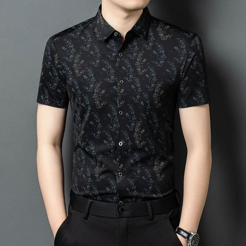 

Men's Black Floral Print Short Sleeve Shirt Turn Down Collar Slim Fit Casual Business Top