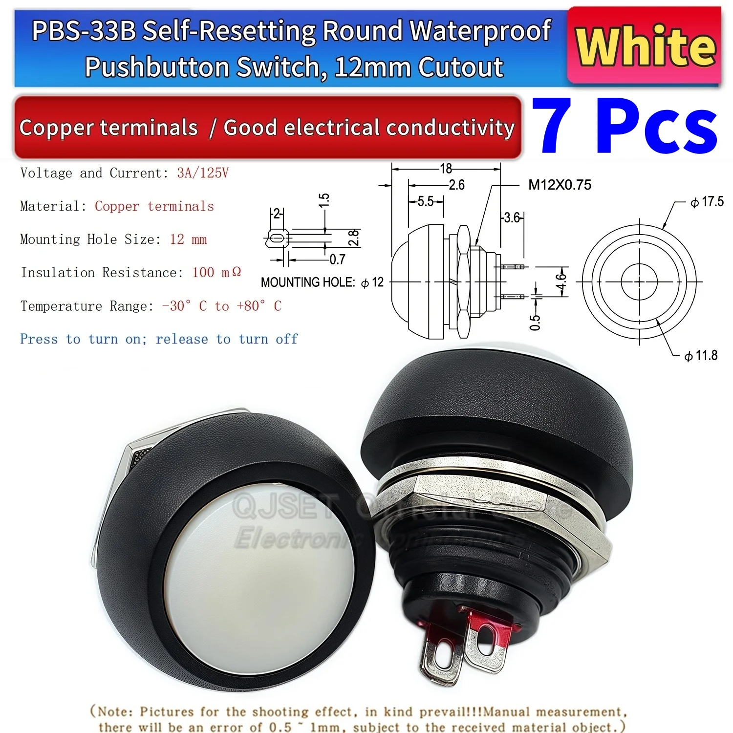 7-teiliges PBS-33B-Set, Mini-Druckknopf aus Kunststoff mit rundem Kopf, EIN/AUS-Tastschalter, 2-polig, 12 mm, wasserdicht, Power-Reset, nicht verriegelbar – Detail 13