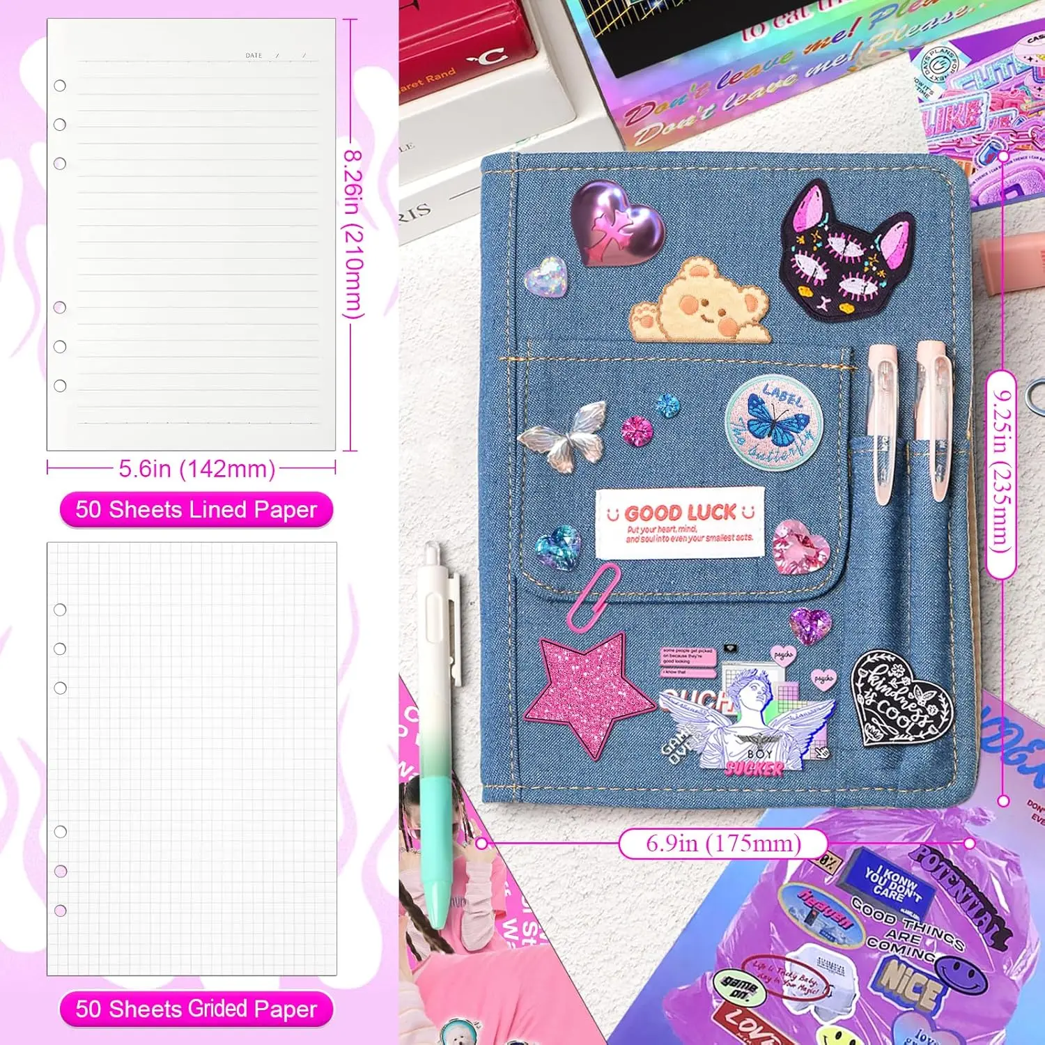 Denim Cover Notebook Binder A5 Size Y2K Kpop Loose Leaf Book With Pen Pocket 100 Sheets Line Grid DIY Diary Album A7734