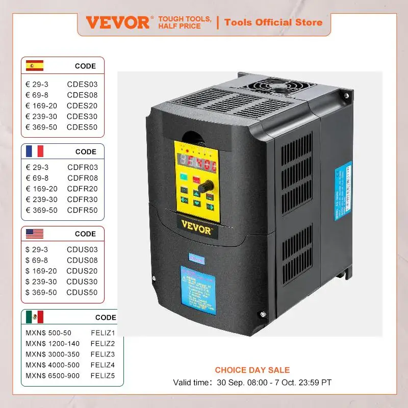 

VEVOR 2.2/3/4/7.5KW VFD Frequency Inverter 110V/220V 1/3P Input 3P Output Variable Frequency Drive CNC Motor Inverter Converter