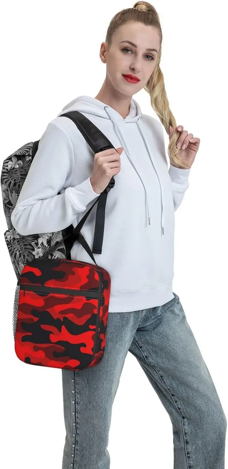 Lunch Box Military Camouflake Camo Red Black Insulated Bag Reusable with Side Pocket for Work School Picnic Hiking Daytrip Kids