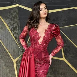 Luxury Burgundy party dress for women with applique V-neck long sleeve cutout crystal mermaid floor-length prom dress