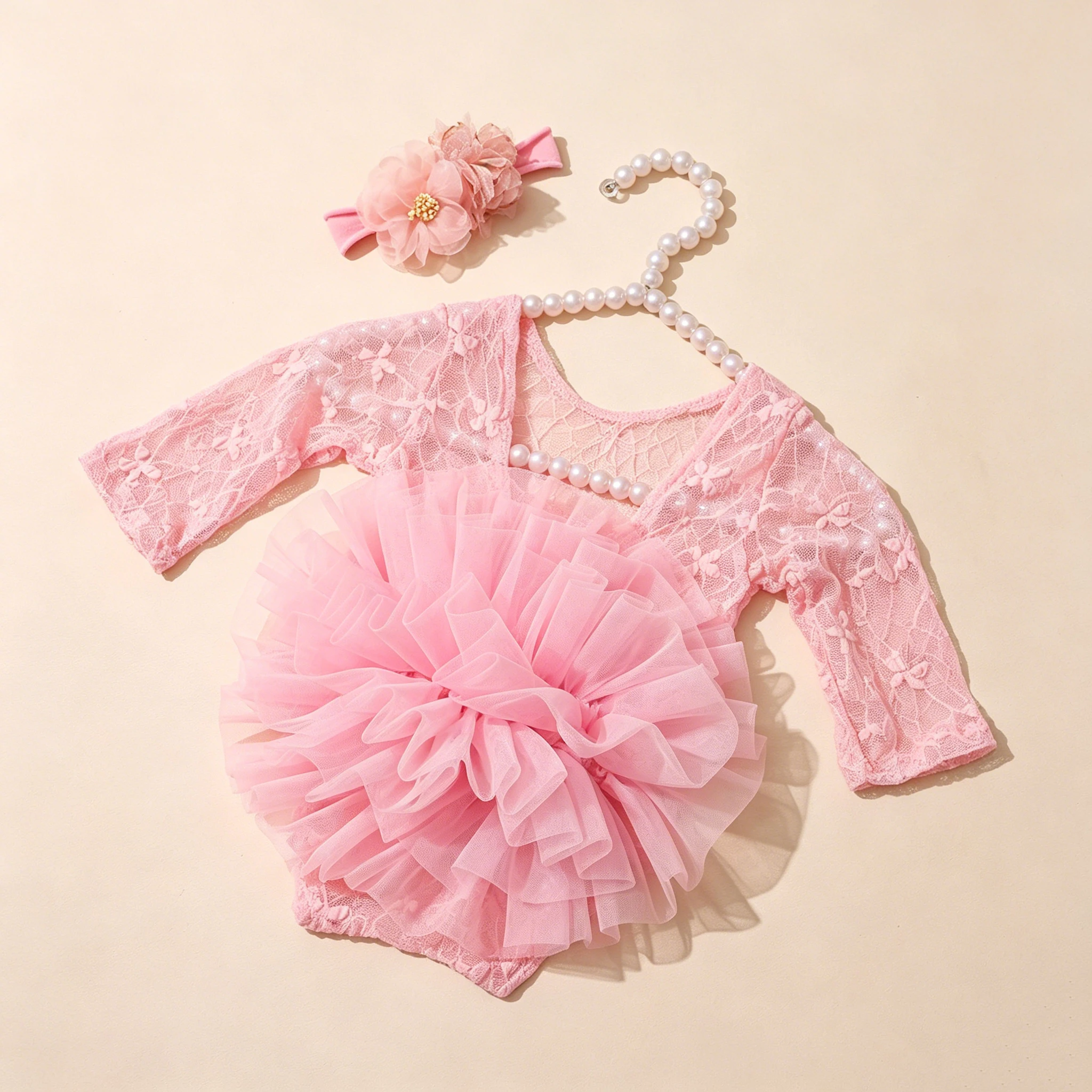 Ylsteed 2 Pieces Set Dusty Pink Newborn Lace Romper for Photo Shooting Fluffy Mesh Lace Photography Outfits with Headband-HD image 2