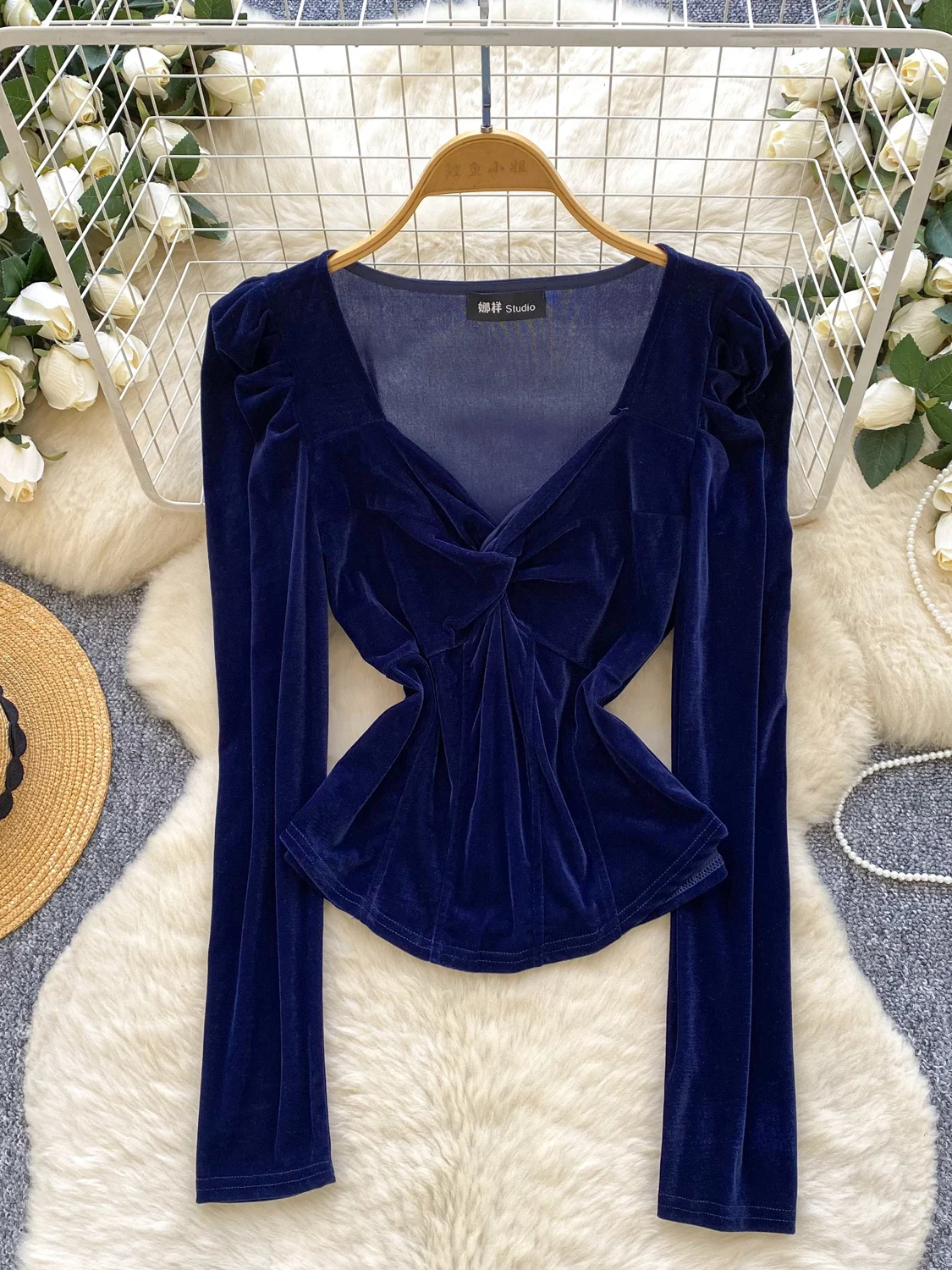 Ele Velvet irt Donna Lungo Sve V-Ne Nodo Dimagrante Strato base versatile Top francese Sle Fibra di poliestere Regular S...
