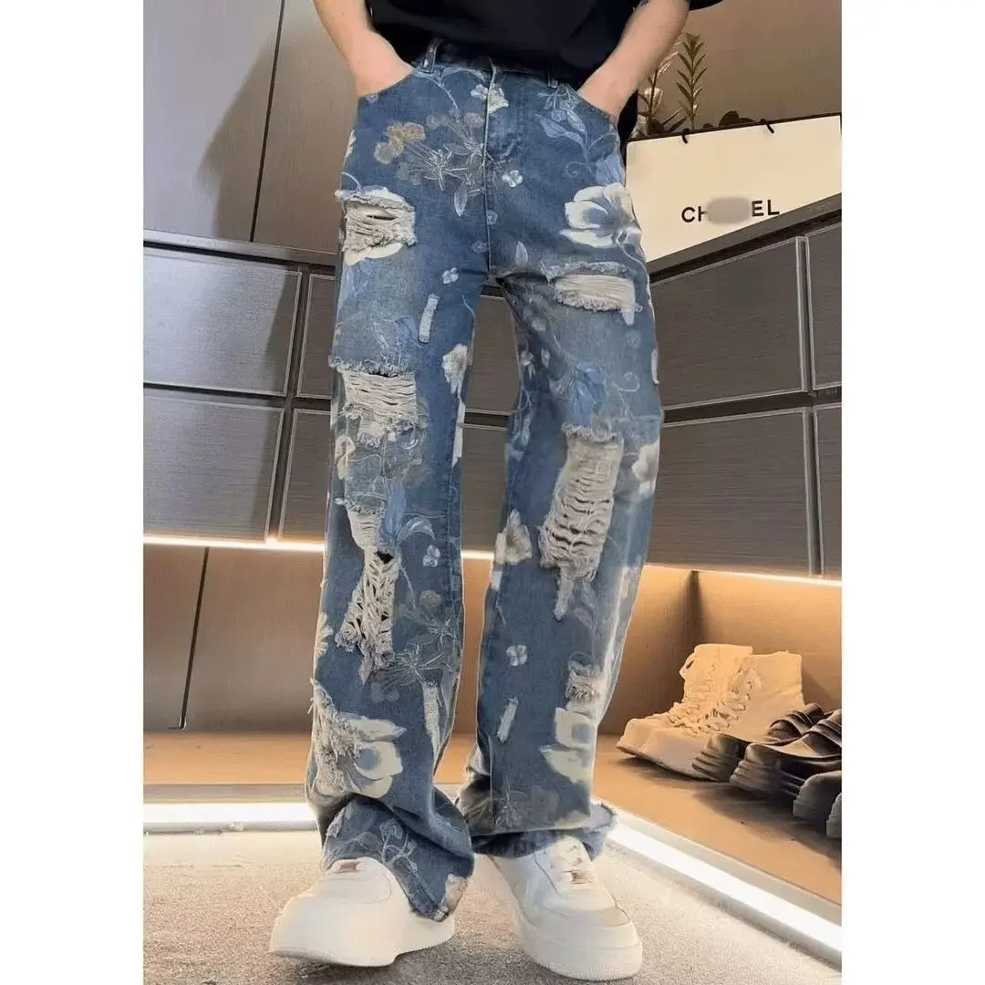 American Flowers Print Ripped Baggy Jeans Pants Men Design Clothes Y2K Streetwear fashion Straight Grunge Denim Trousers