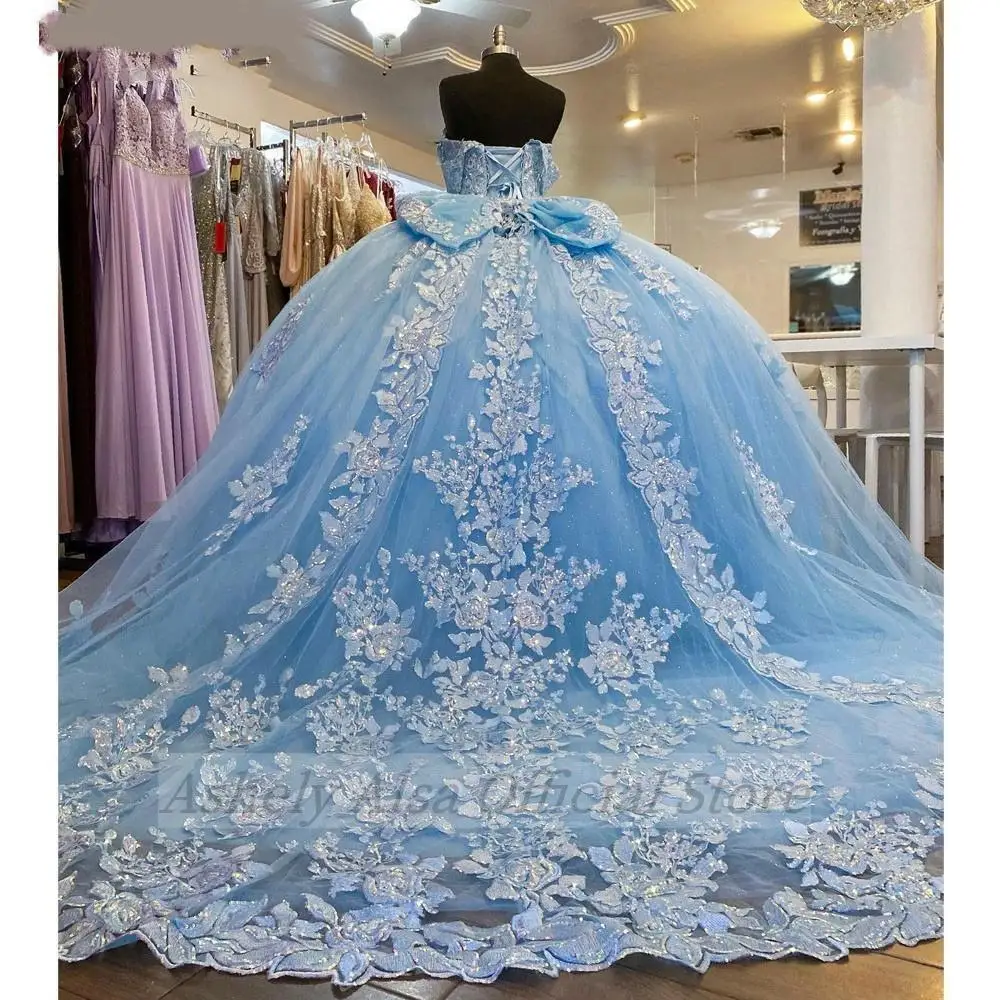 Real Picture Ice Blue Quincenaera Dresses Off Shoulder Flower Applique Bow Ball Gown Vestido De 15 16 Prom Birthday Party Dress