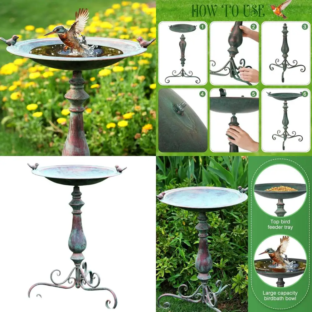 

Винтажная чугунная купальня для птиц с декоративным основанием, зеленая, устойчивая к ржавчине, подходит для украшения сада на открытом воздухе