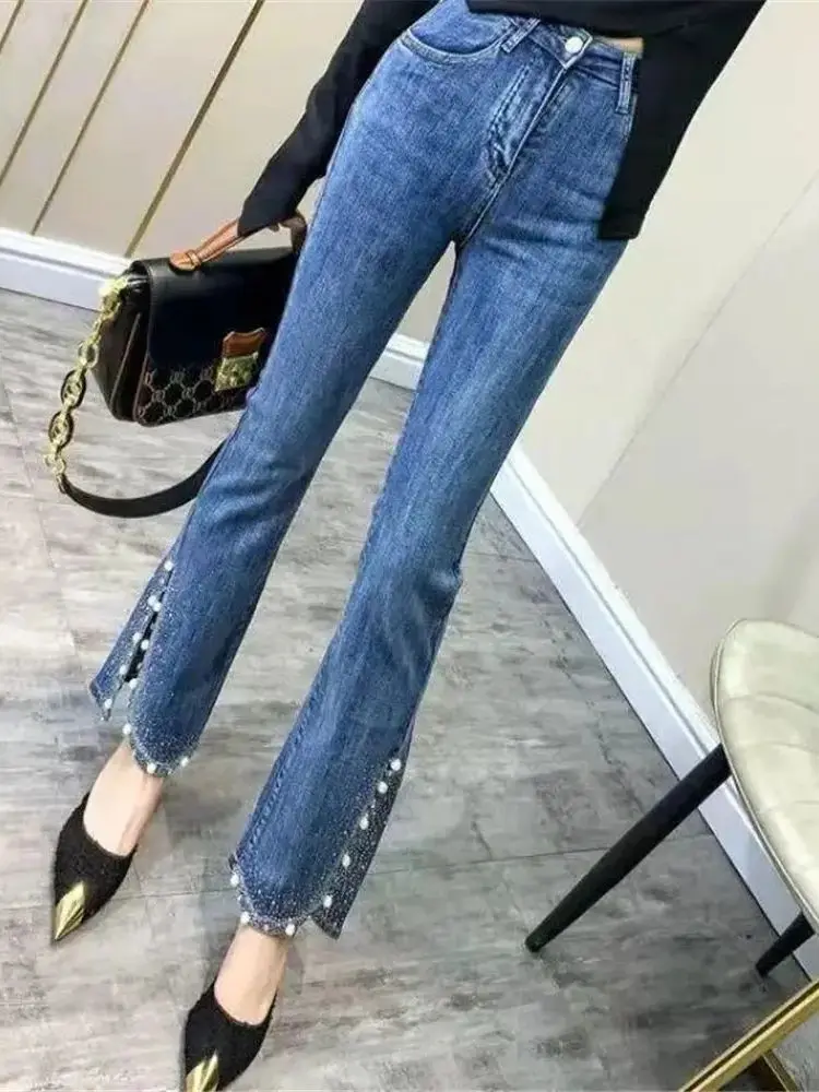 

Korean Version Of Fashionable Tight Fitting Beaded Elastic Slim Fitting High Waisted Diamond Micro Horn Jeans With Split Design