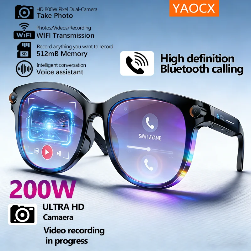 

Умные солнцезащитные очки для мужчин и женщин с HD-камерой 200 Вт, AI-распознавание фотографий, запись видео, аккумулятор 290 мАч, 512 м, хранилище