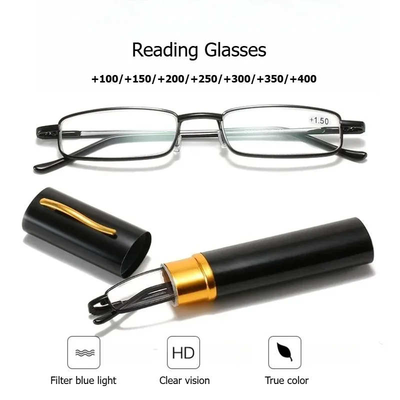 +1.0~+4.0 Lightweight Portable Anti-Blue Light with Pen Clip Tube Case Eyeglasses Reading Glasses Readers for Men Women