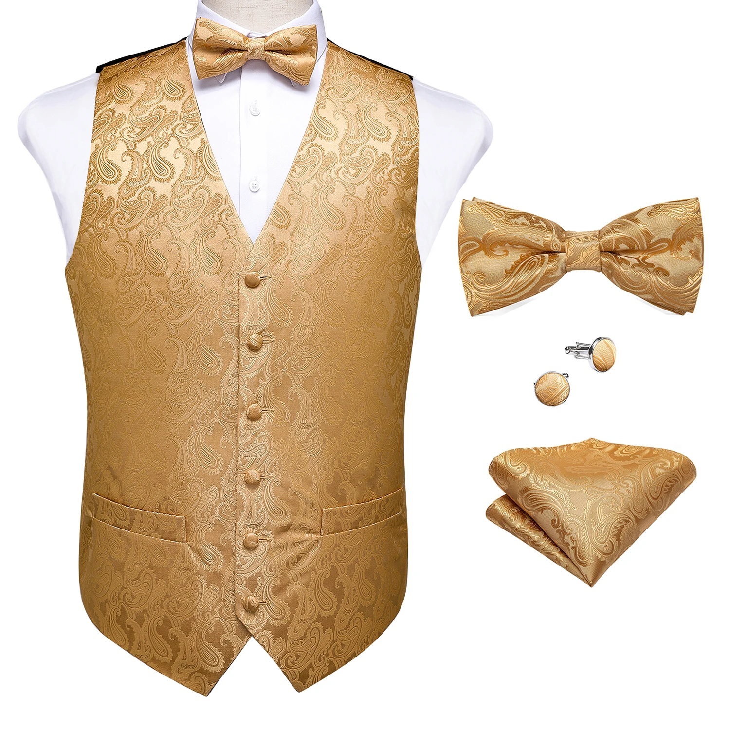 Mens Paisley Floral Vest Bowtie Set, Pocket Square & Cufflinks 4-Piece, Formal Suit Waistcoat for Wedding Business