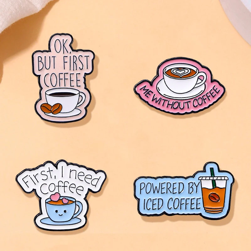 Cute Coffee Element Brooch Pins Powered By Iced Coffee OK But First Coffee Motto Enamel Corsage Lapel Pin Jewelry Accessory Gift