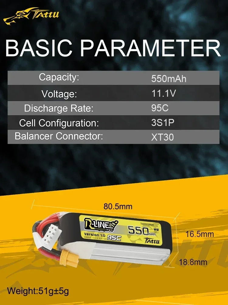 Tattu R-Line Version 1.0 V1 650/850/1050/1300/1550/500/550/750mAh 95C 2S 4S 6S 22.2V Lipo Battery XT30 Plug FPV Racing Quadcopte