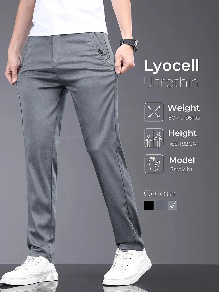 Brand Men Pants Soft Stretch Lyocell Fabric Summer Clothes Casual Pants Thin Elastic Waist Business Slim Trousers Male