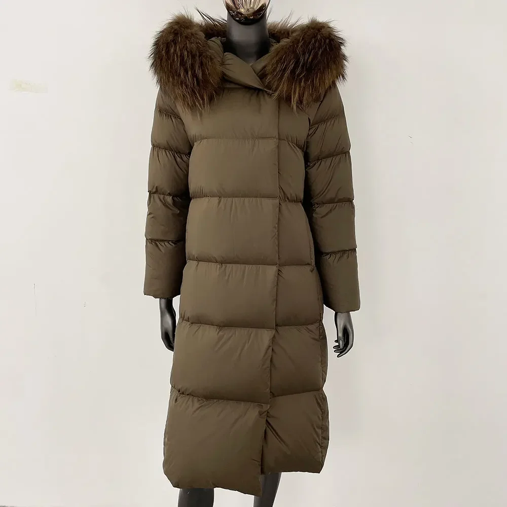 CXFS 2025 겨울 여성 코트 리얼 천연 여우털 칼라 두꺼운 따뜻한 롱 재킷 캐주얼 화이트 덕다운 벨트 신상 후드 아우터