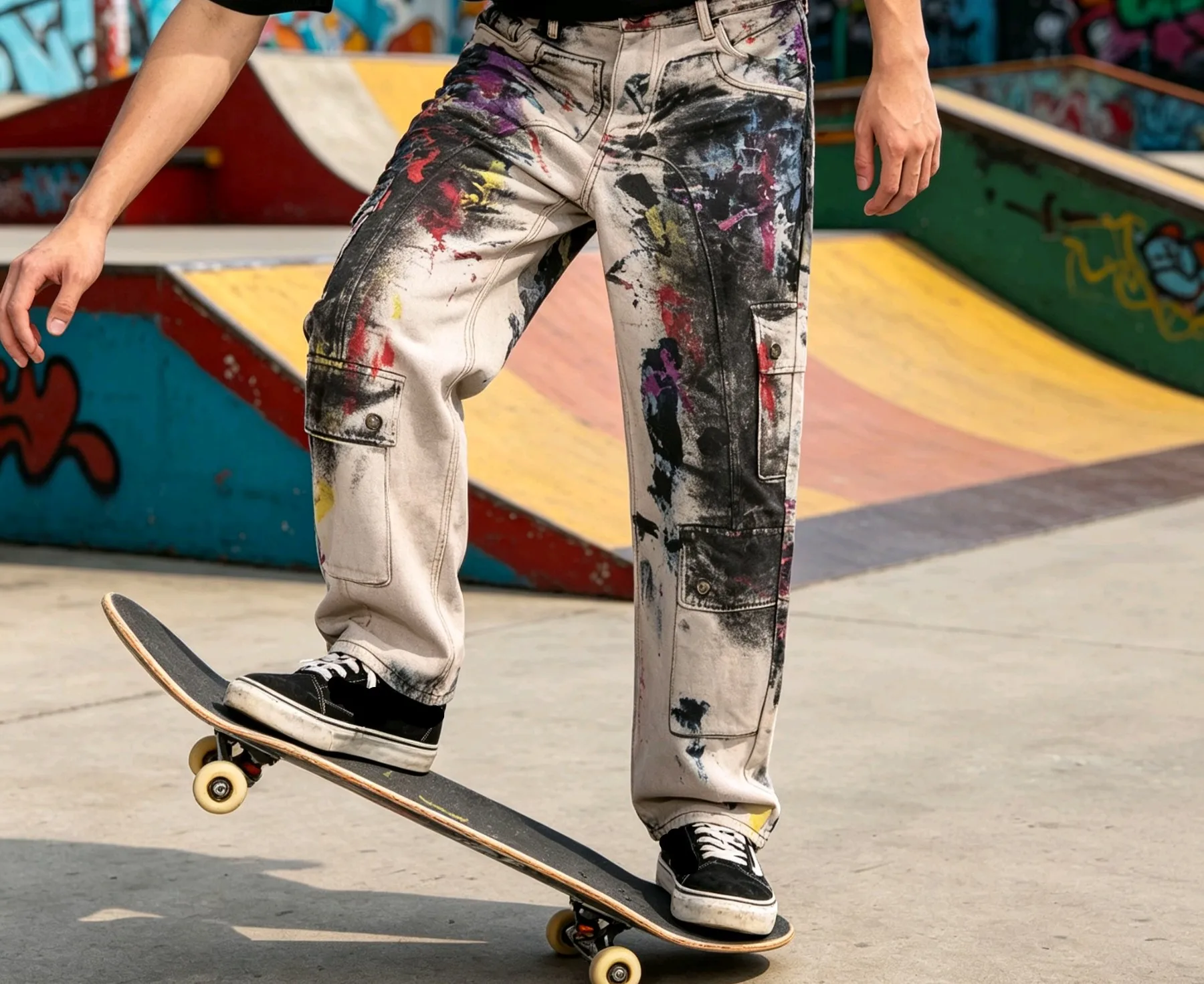

New Men's Graffiti Dirty Washed Jeans Grunge Paint Splatter Wide Leg Straight Cargo Denim Pants Spring Autumn High Street Trendy