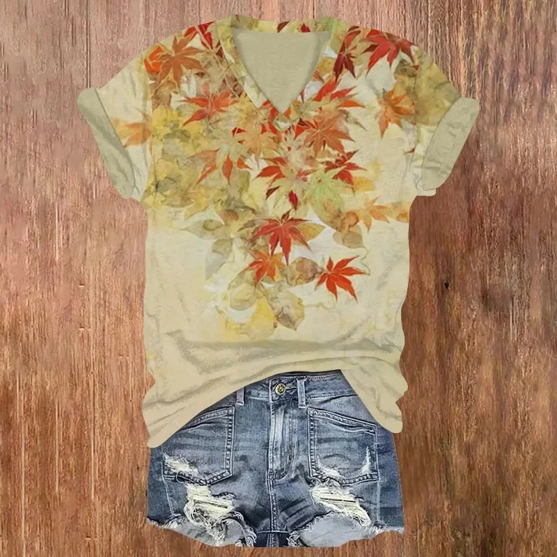 Japanese Zen-inspired Maple Leaf Rock Art Pattern Print Short Sleeved V-neck T-shirt Summer Women's T Shirts