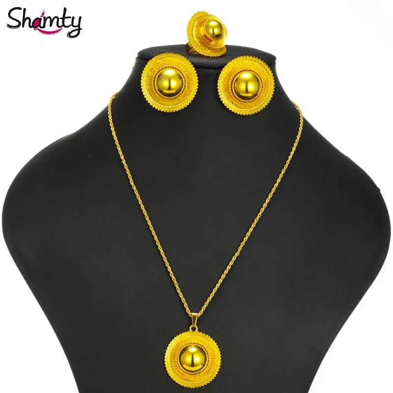 Shamty Small Medium Size Ethiopian Bridal Jewelry Sets African Women Pure Gold Color Set Eritrea Kenya Wedding Jewelry A30008