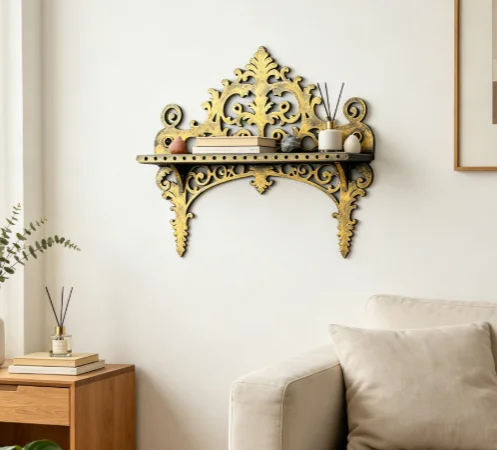 Cross-border Baroque Vintage Black Gold Hollow Scroll Wall Mount Shelf, European Palace Floating Wall Rack for Crystals Candles
