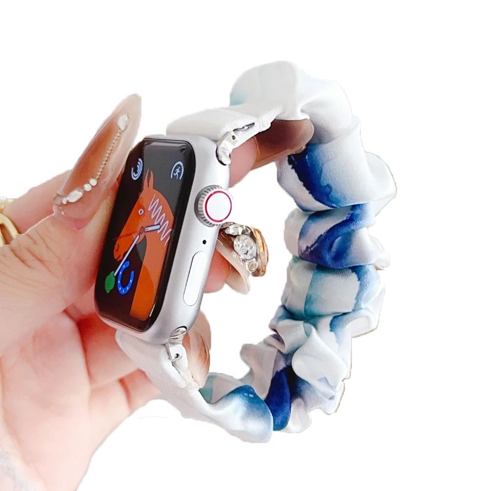 Printed Fabric Strap for Apple Watch Band Women Scrunchies Cloth Elastic Bracelet for iWatch Series SE 10 9 8 7 6 5 4 3 2 1