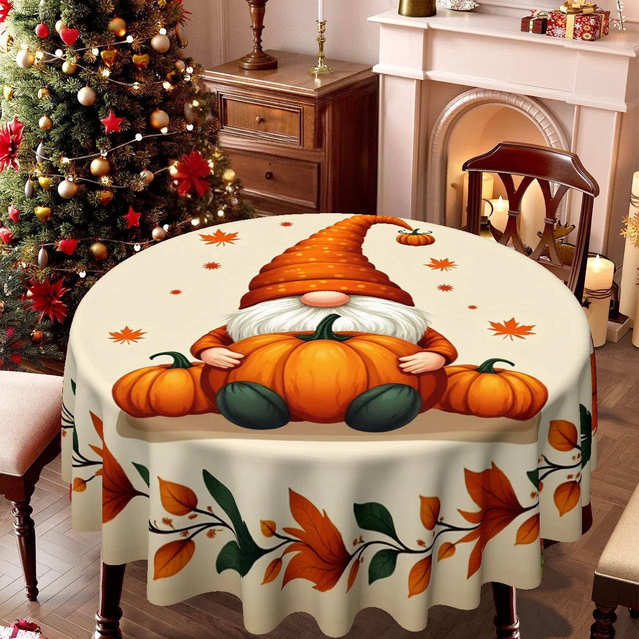 A charming tablecloth featuring the design of little dwarfs and pumpkins, suitable for Christmas, Easter and autumn.zyc