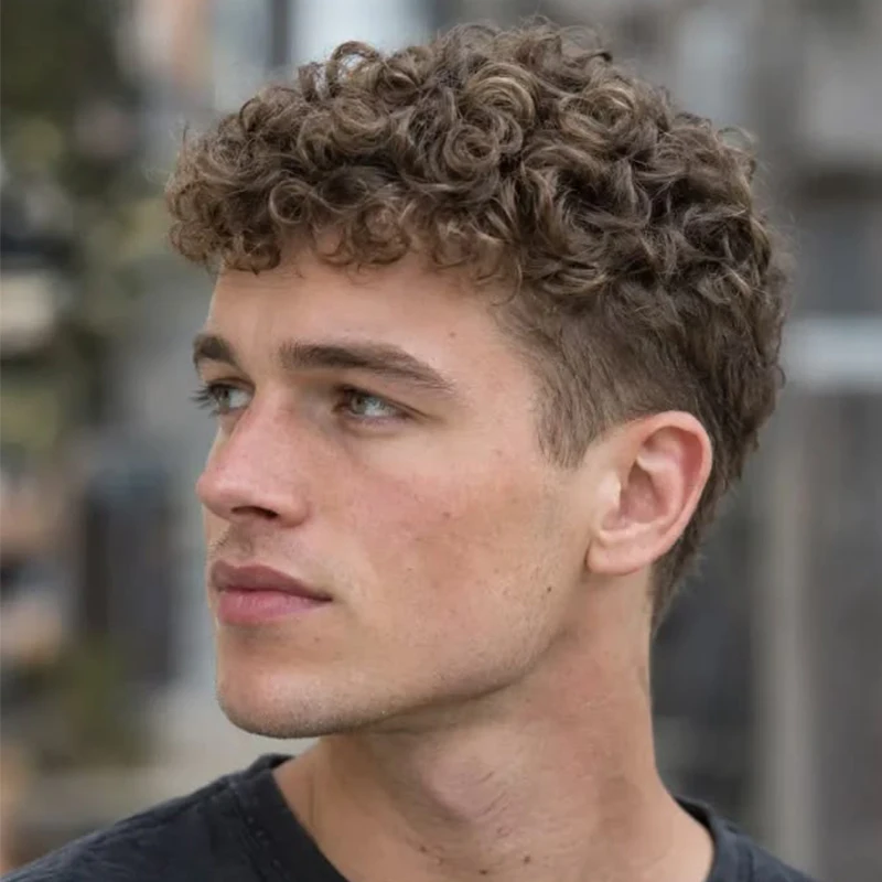0.06mm Thin Skin V-loop Human Hair Toupee For Men 20mm Curly Undetectable Men Hair System #4 Brown Mens Hairpiece For Balding