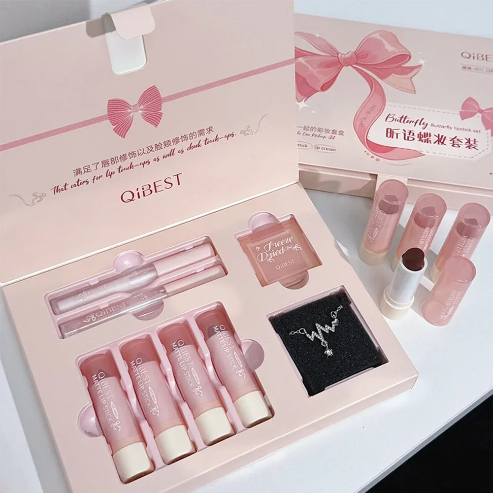 

8Pcs Makeup Set Include 4pcs Velvet Nude Matte Liquid Lipstick And 1pc Face Blush Palette With Necklace Gift Cosmetics