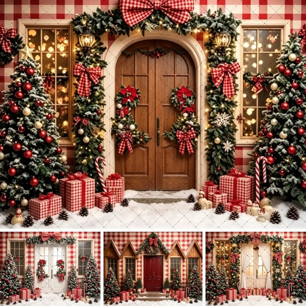 Christmas Photography Backdrop Red Check House Door Bow Garland Xmas Tree Gifts Snow Candy Cane Kids Portrait Booth Background