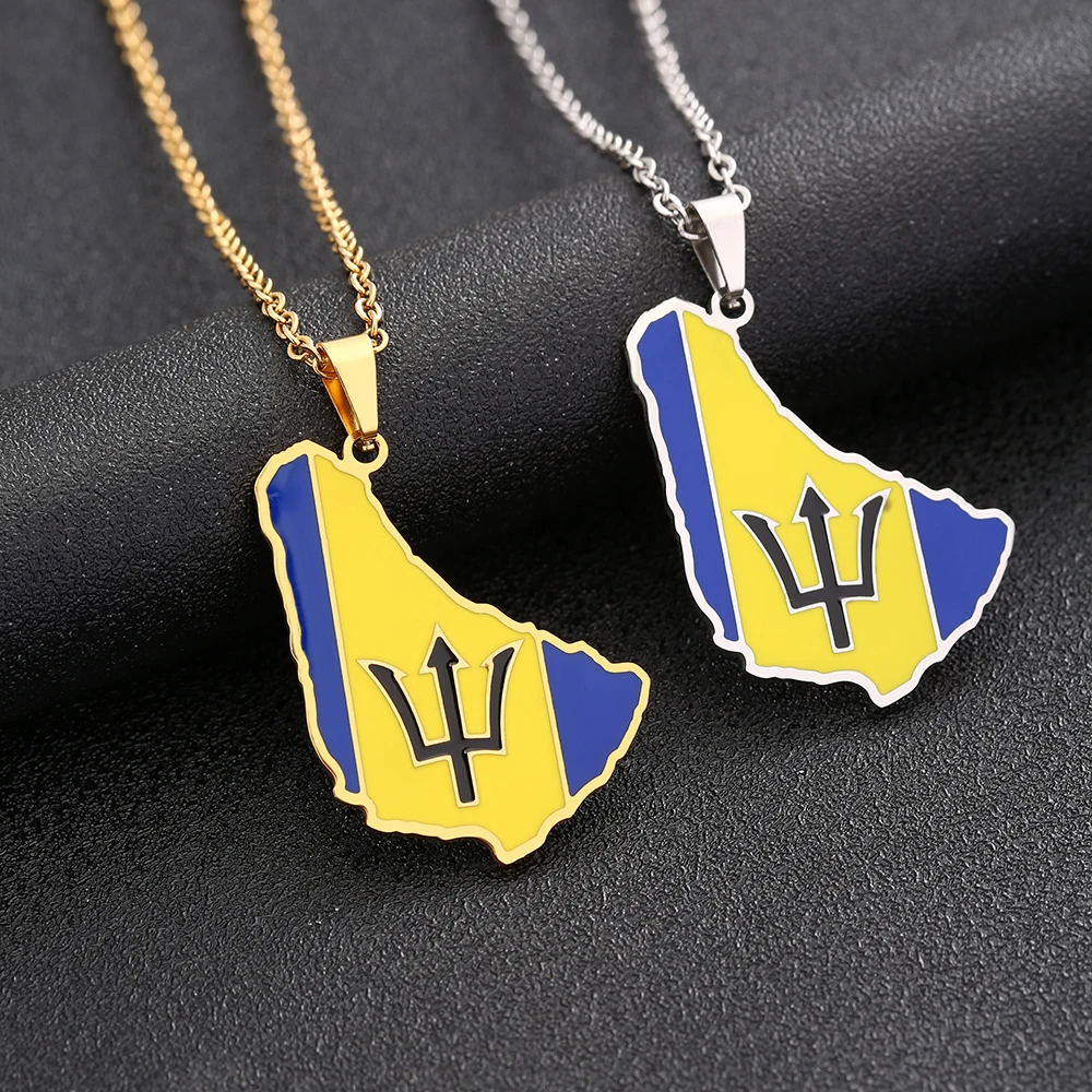 Barbados Map Flag Pendant Necklace Stainless Steel For Women Girls Gold Silver Color Charm Fashion Caribbean Sea Jewelry Gift