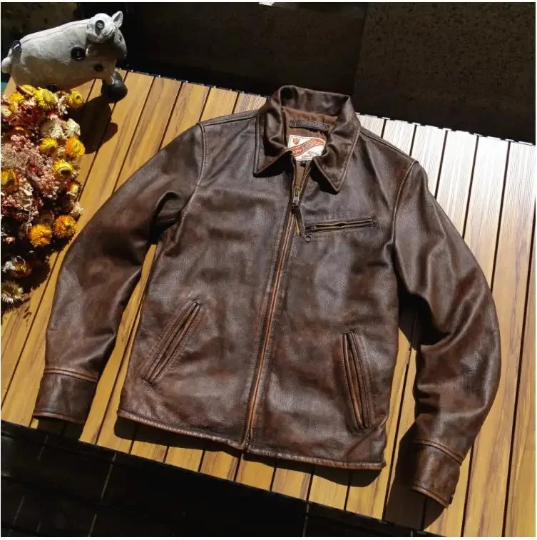 

YR!Free shipping.Classic motor Rider style real leather coat.Men 1930 vintage brown cowhide jacket.Soft outwear.Cool