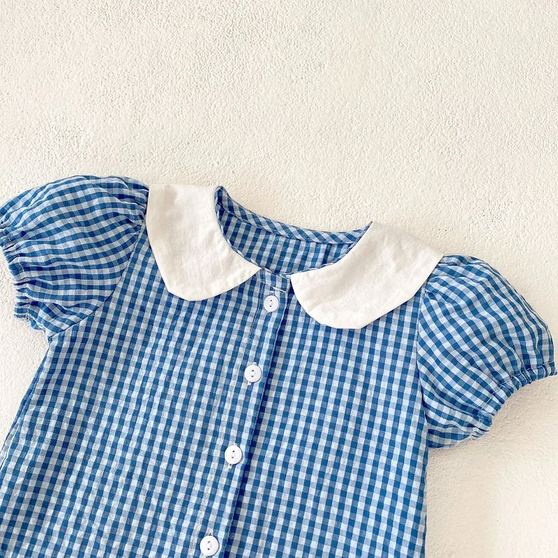 2024 Summer Baby Girl Clothes Set 0-3Years Newborn Kids Short Sleeve Bunny Collar Plaid Shirt Tops+Bloomers Shorts 2PCS Outfits image 4