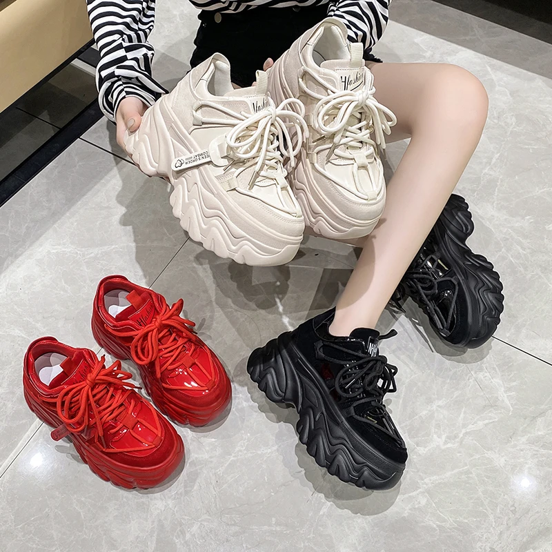 Fashion 8CM High Platform Sneakers Women Thick Sole Non Slip Sports Dad Shoes Woman Korea PU Leather Chunky Sneakers 2023 Spring