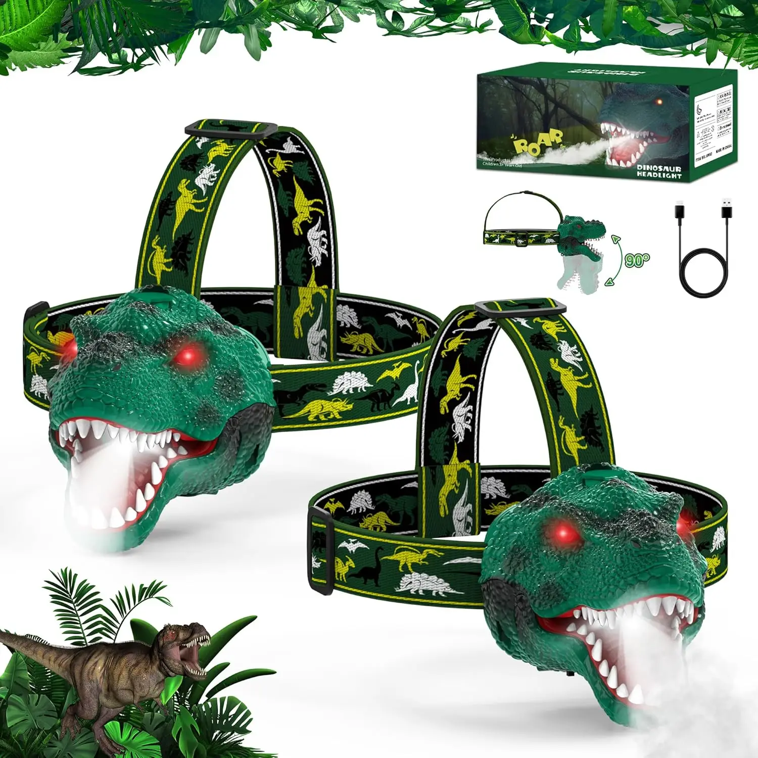 

Kids Headlamp 2 Pack Rechargeable LED Dinosaur Flashlight for Boys Girls, T-Rex Camping Gear, Perfect Gift for Birthday, Hallowe