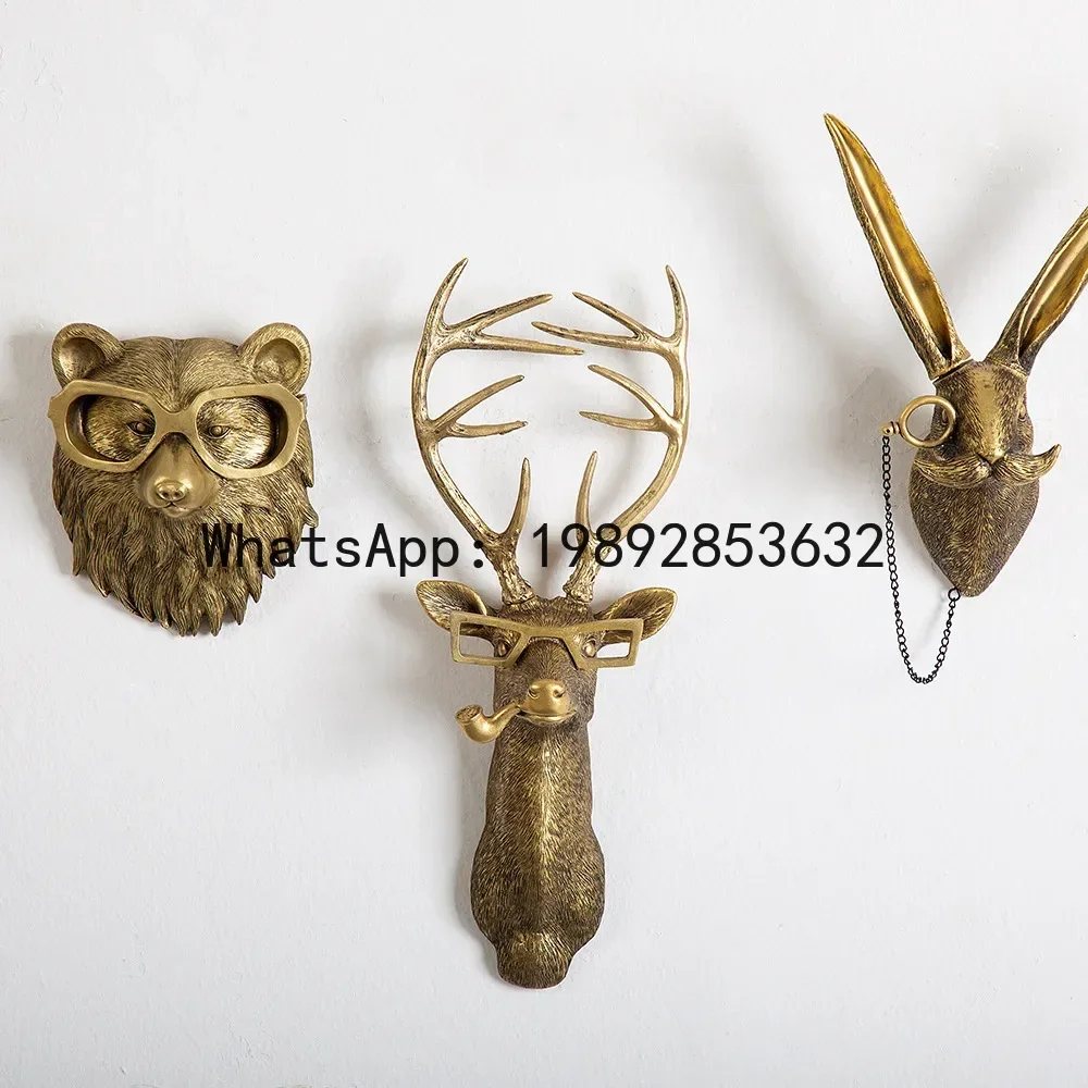 

QQ Antique Bronze Resin Animal Pendant Golden Deer Head Wall Storage Hook Up Background Wall Accessories Decorative Figurines