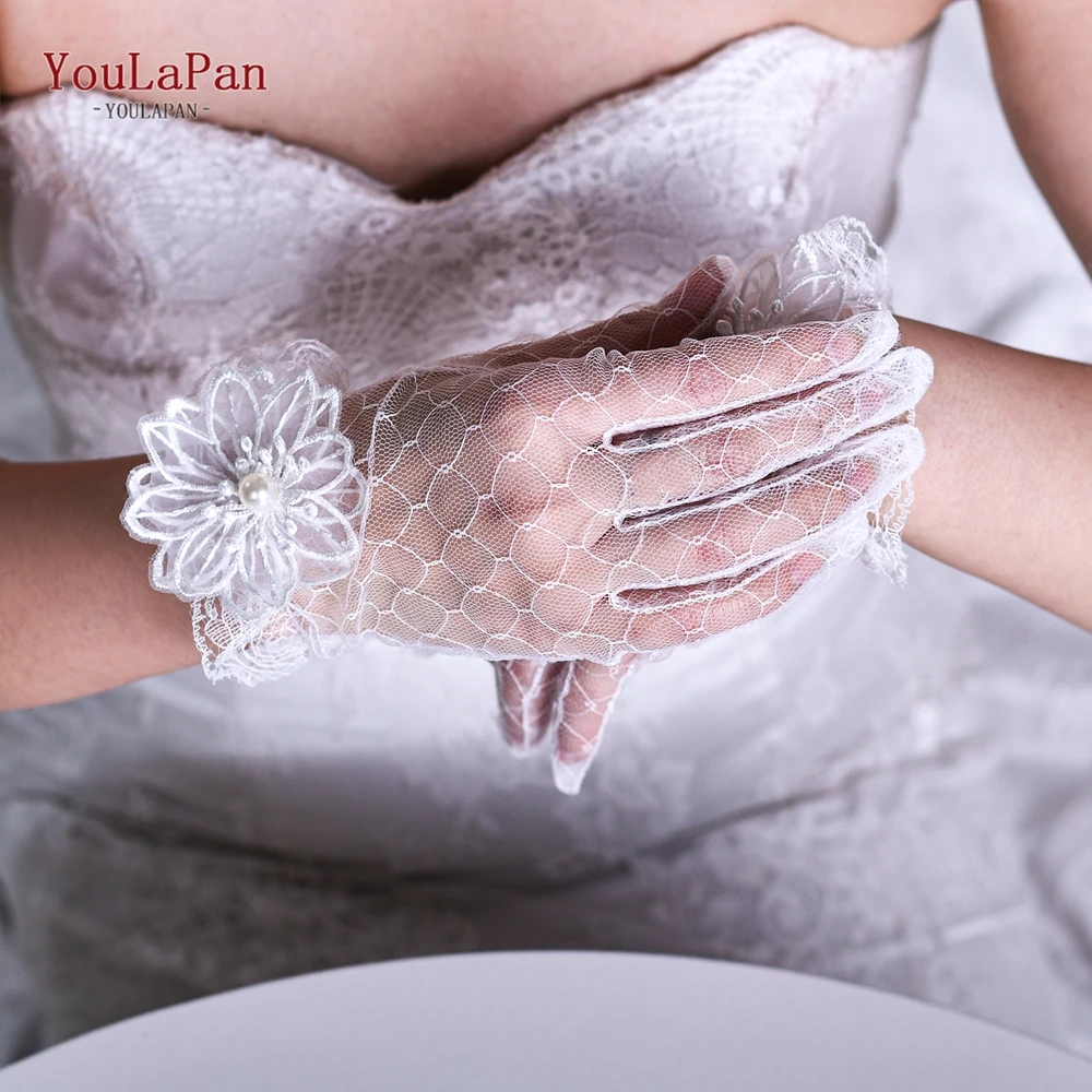 YouLaPan T10 Exquisite Pure White Fishnet Bridal Gloves Fashionable Elastic Mesh Flower Style Suitable For Daily Travel