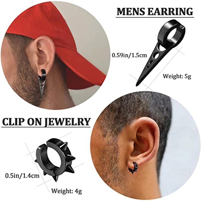 WKOUD 1/10 Pcs/1 Set Clip-on Hoop Earrings Men\'s Stainless Steel Fake Perforated Pendant Earrings Cross Feather Ear Clips