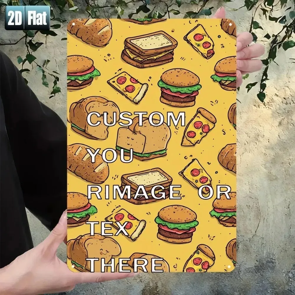 CIFbuy Customizable Vintage Tin Wall Sign, 2D Flat Burger Sandwich Yellow Background Wrought‑Iron Style Kitchen Cafe Wall Orname