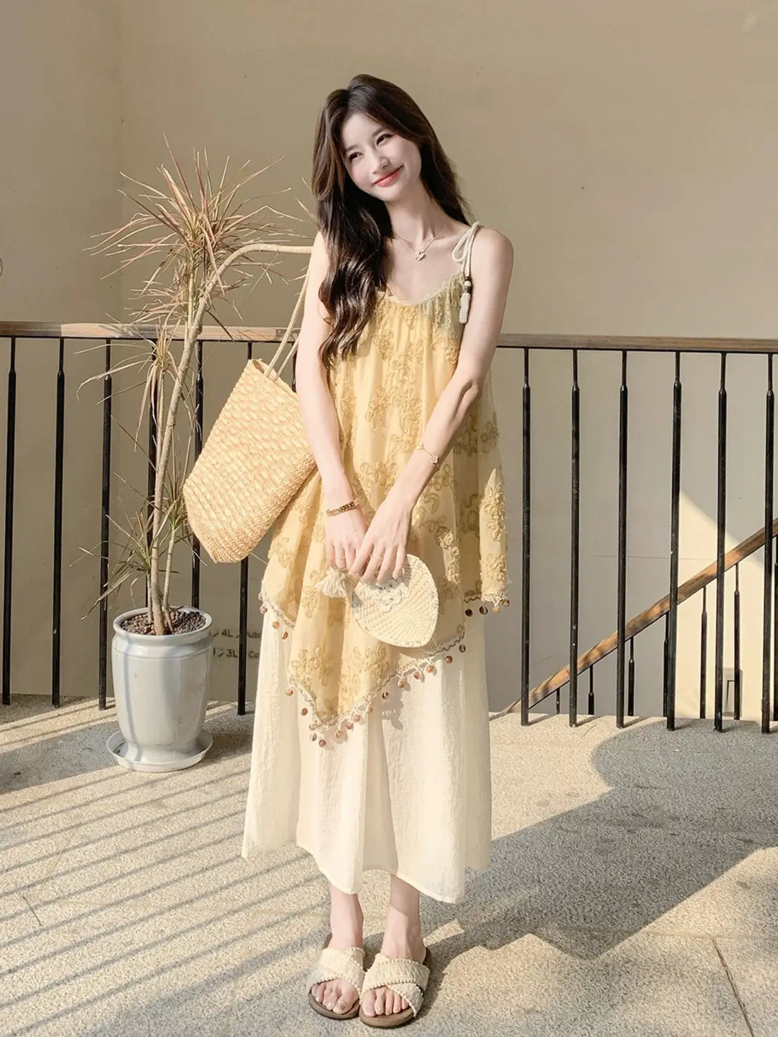 Duas peças emendadas temperamento suspender saia suspender vestido borla verão novo estilo beira-mar floral férias doce