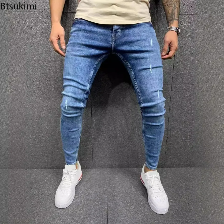 Jeans slim fit elástico masculino, calça lápis vintage, confortável calça jeans versátil, moda streetwear, tendência de alta qualidade, 2024