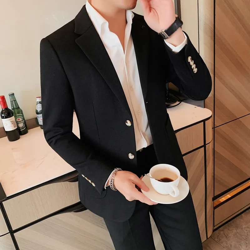 High-end Fashion Two-grain Single-breasted Suit Jacket Men\'s Handsome All-in-one Autumn and Winter New Back Center Slit Suit