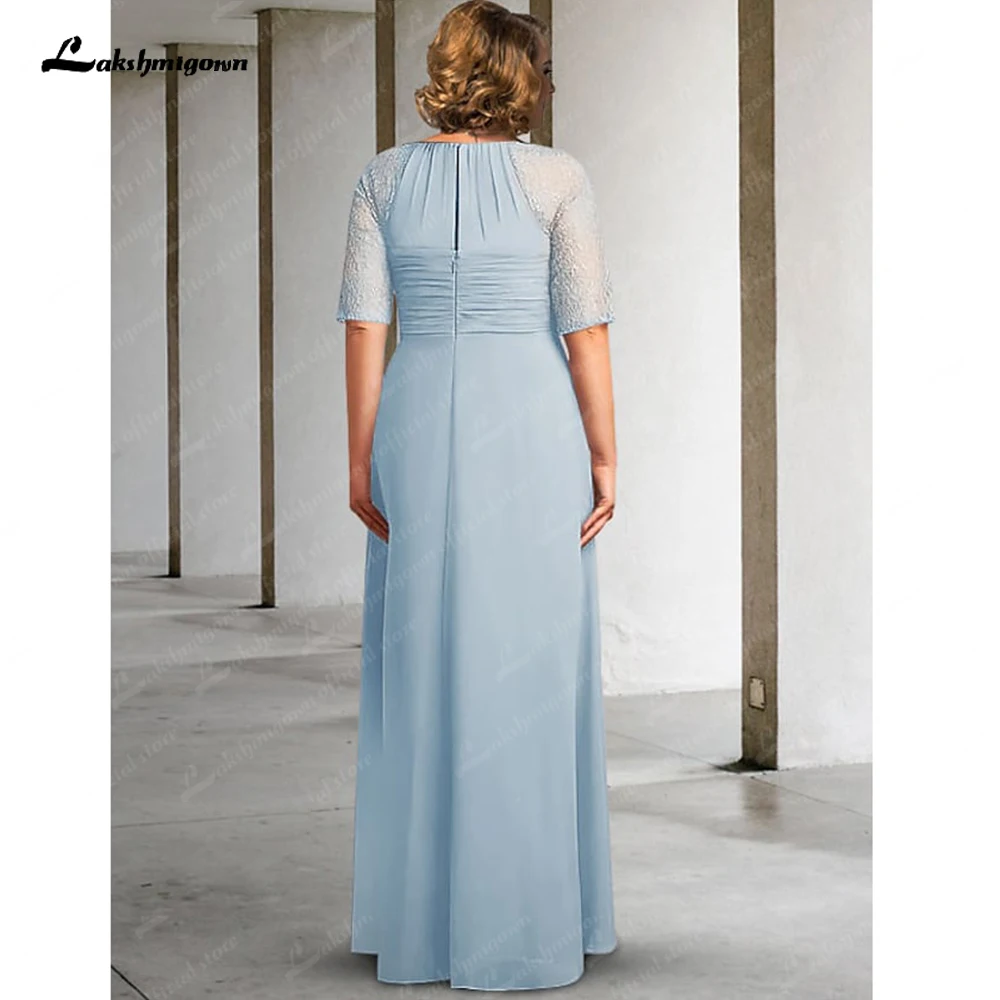 A-Line Mother of the Bride Dress Plus Size Elegant Jewel Neck Floor Length Chiffon Lace Half Sleeve with Pleats Ruched Appliques