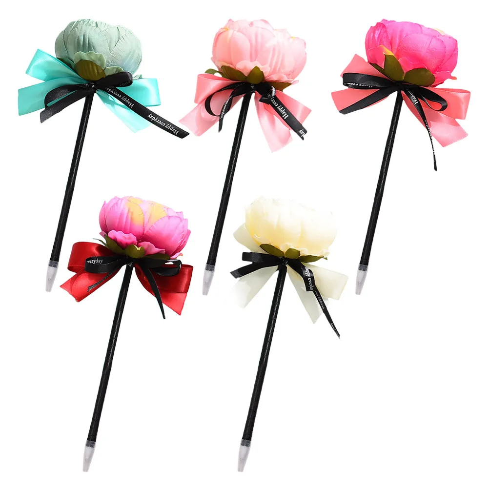 

5Pcs Decorative Ballpoint Pens Flower Design Creative Ribbon Plastic Pens Stylish Stationery Gifts for Women Office