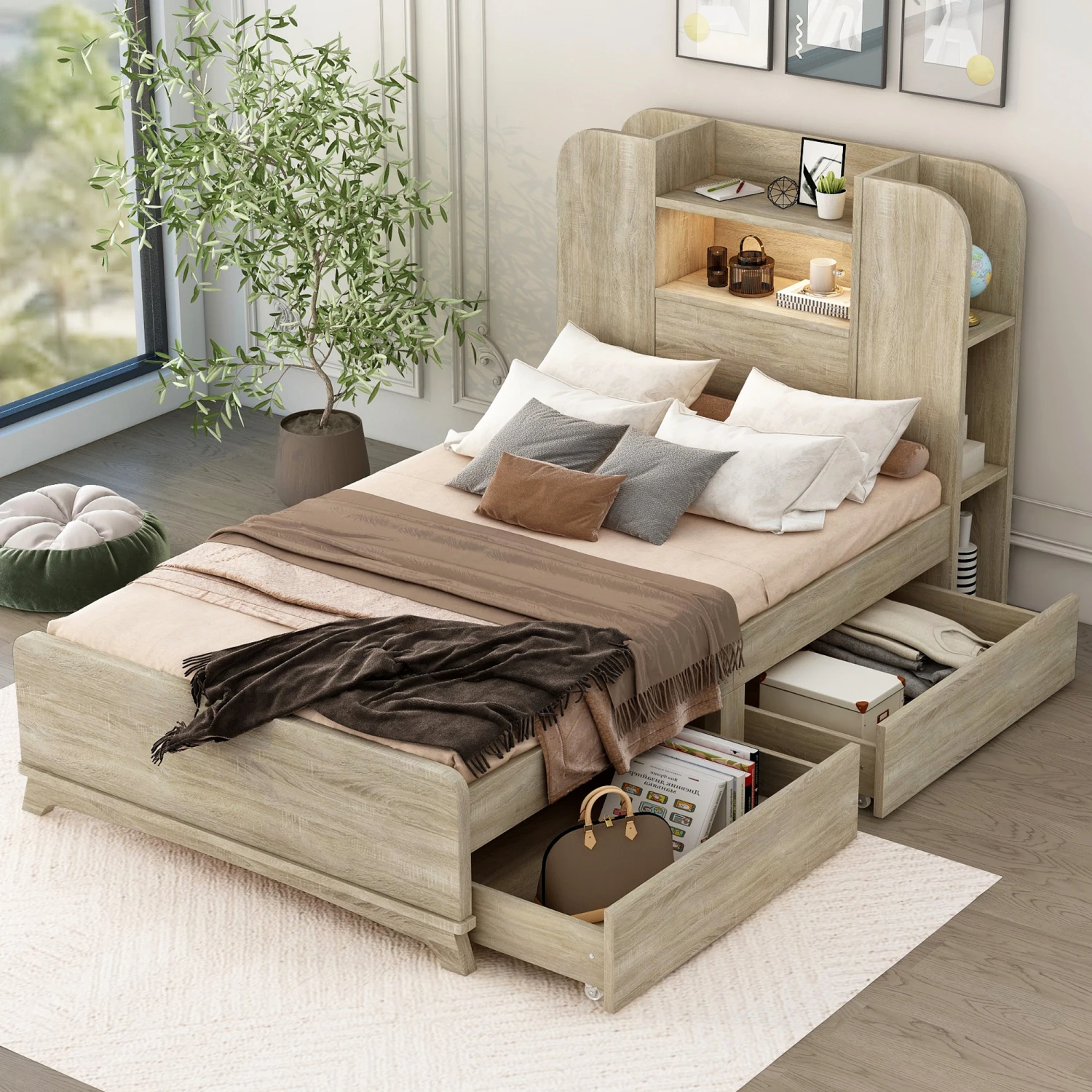 Twin Size Storage Platform Bed Frame with with Two Drawers and Light Strip Design in Headboard,Oak