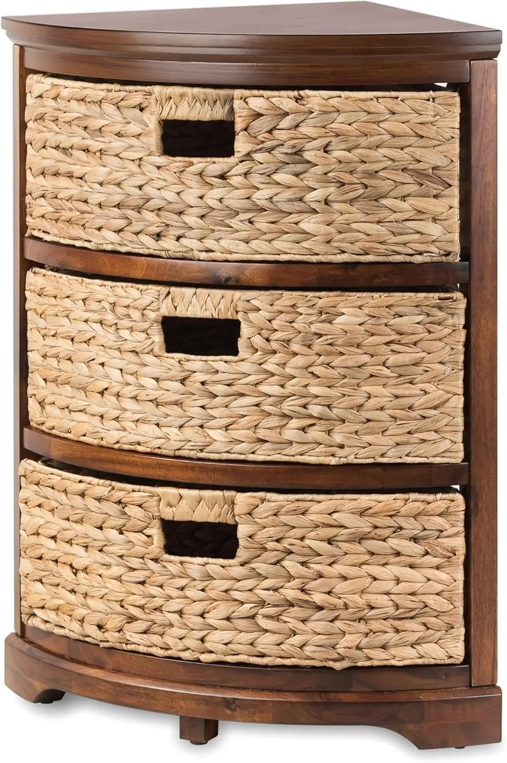 

Hampton Meadows 3 Tier X-Side Corner Table Storage Cabinet with 3 Wicker Baskets, Walnut