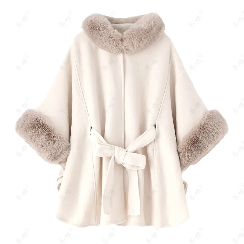 

Winter Rex Rabbit Fur Collar Belt Knitted Poncho Cape Shawl Woolen Large Size Women's Coat