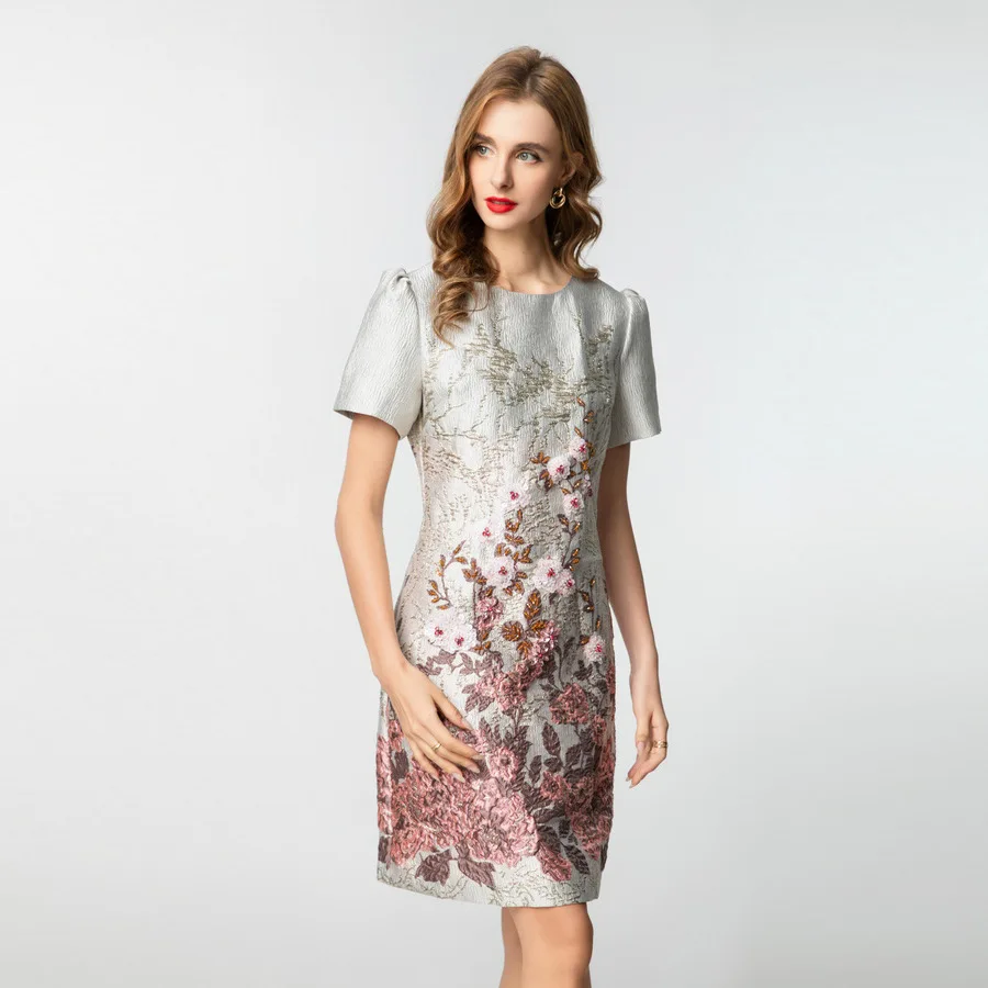 

Meyyithun Women's Dress Fashion A-Line Dress Short Sleeve Jacquard Sequins Beading Slim MIni Dresses Spring Summer 2025 New