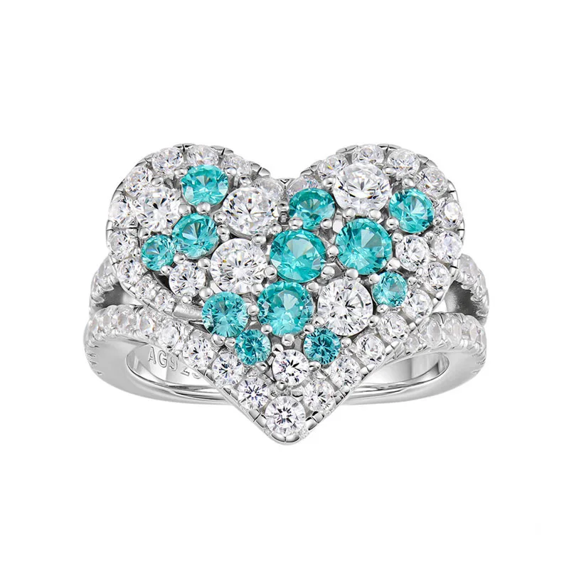 

CAMEO Full Diamond Set Zircon White Pink Paraiba Blue Heart Shape Ring Women's Light Luxury 925 Silver Gold Plated Jewelry