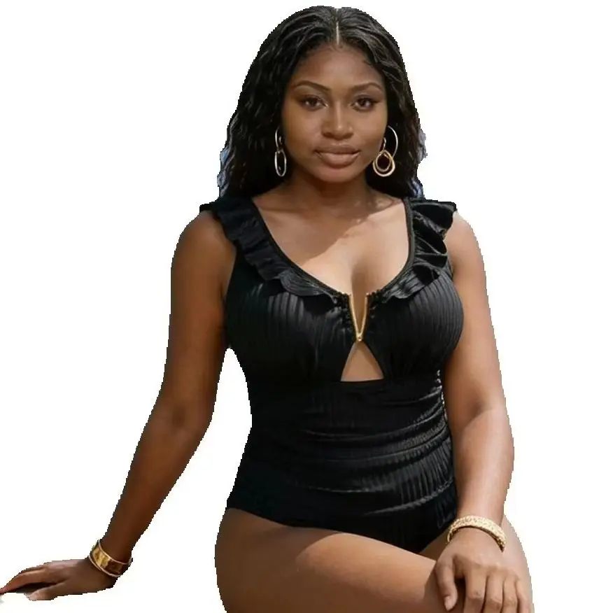Plus-size Women's One-piece Swimsuit Ruffled solid color Ribbed Shiny fabric Deep V-neck cutout Sexy cross-border Swimwear