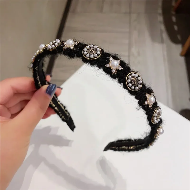 Minar Baroque Crystal Rhinestones Headband For Women 2024 Luxury Black Velvet Pearl Wide Brimmed Hair Band Accessories Headwear